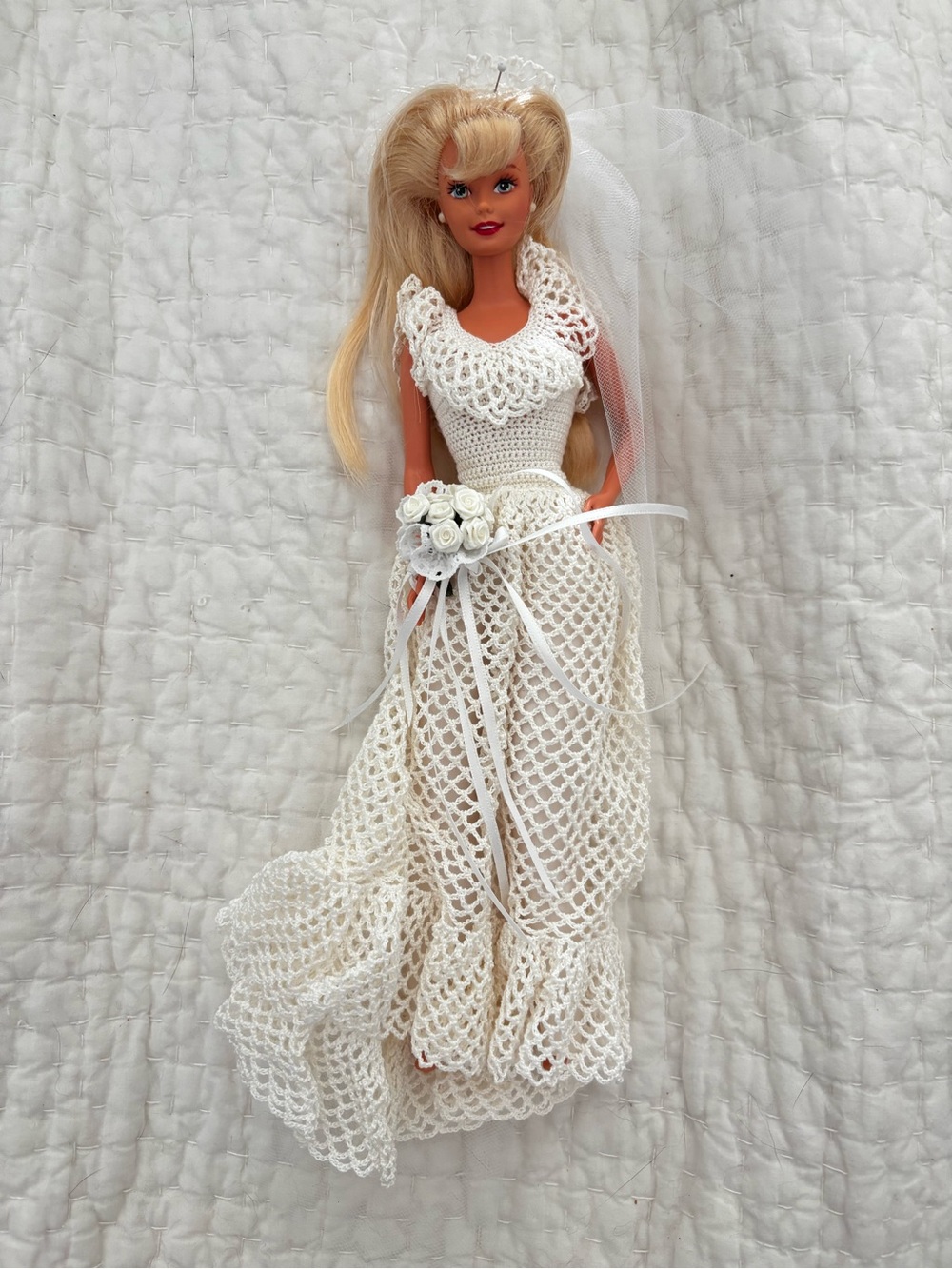 Vintage Barbie Cream Crochet Wedding Dress with Veil